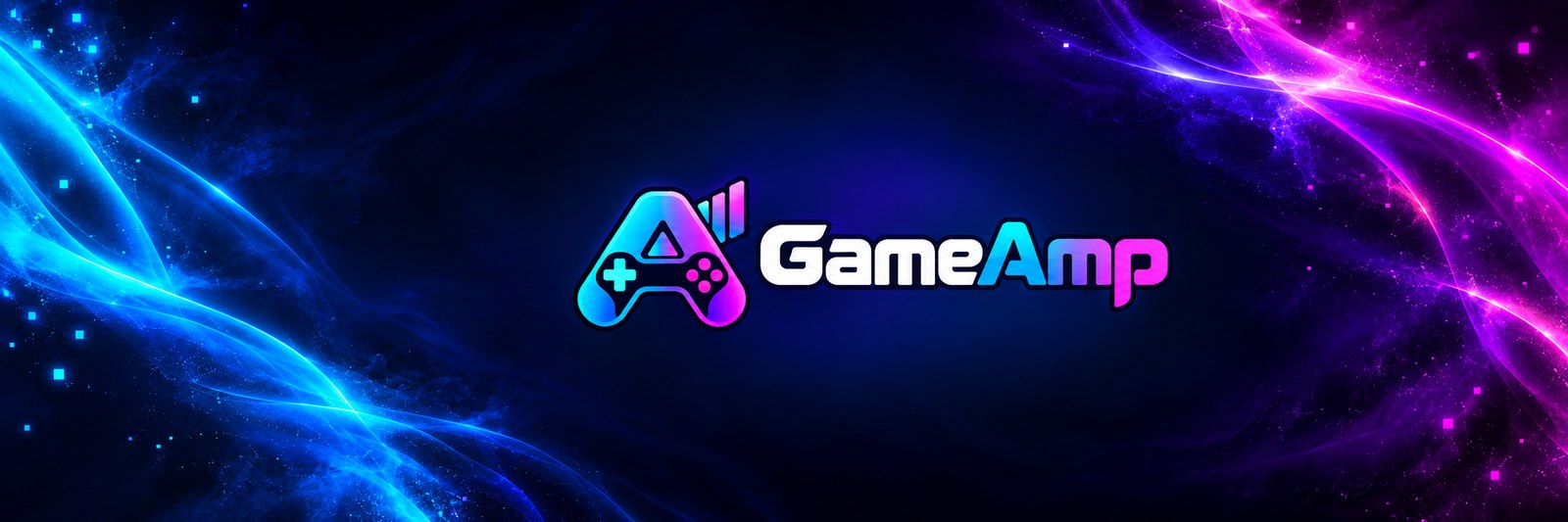 GameAmp logo on a cyan-to-magenta energy field